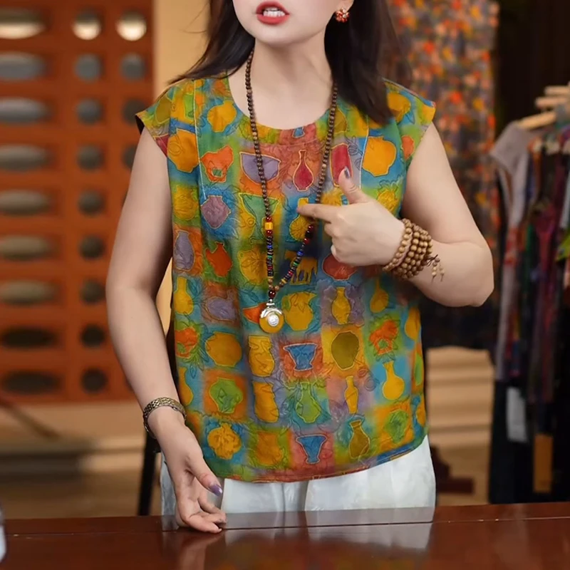 彩色印花复古飞飞袖衬衫女夏季新款宽松设计感时尚减龄洋气上衣潮