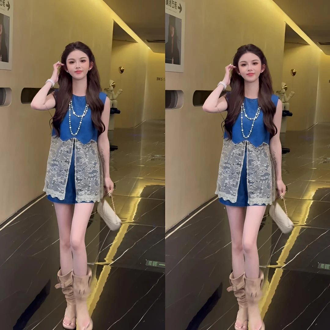 法式小资女2025夏季新款韩系chic小众牛仔蓝蕾丝拼接两件套