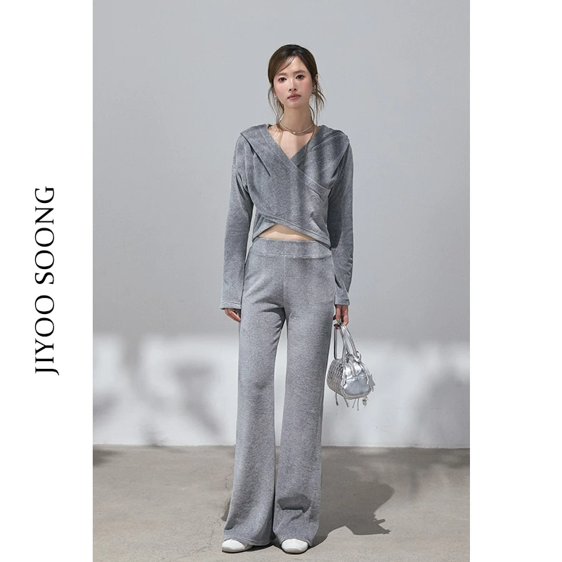 JIYOOSOONG|小众烫钻交叠领连帽轻氧休闲上衣牛奶绒衫休闲女裤