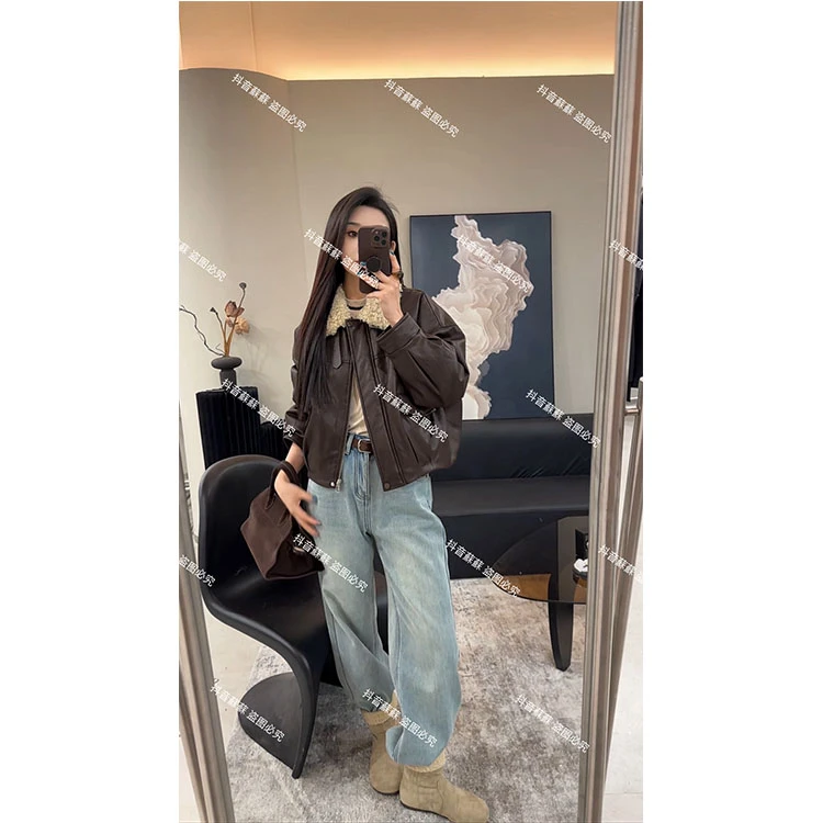 ZX6017韩版羊羔毛领拼接PU皮女2024时尚机车皮衣保暖短外套