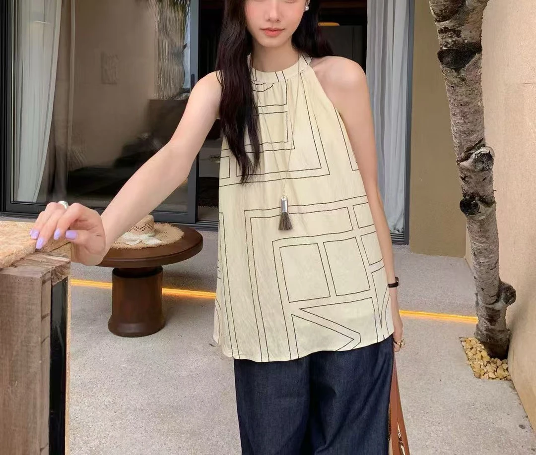 4283号13961#百搭印花休闲显瘦挂脖印花几何形无袖上衣带里衬