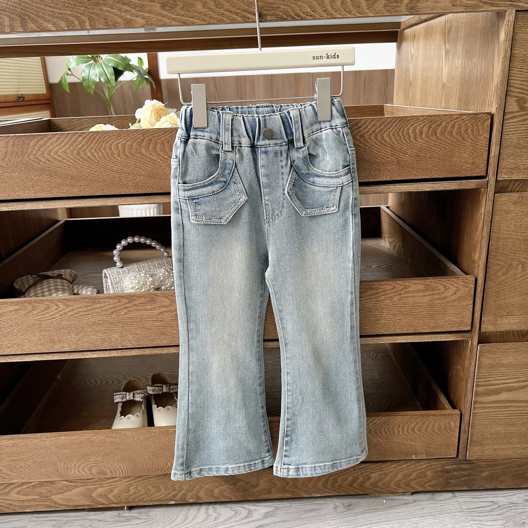 【弹力 牛仔裤】JY25809 牛仔裤 女童百搭 口袋烫钻花边 微喇牛仔裤