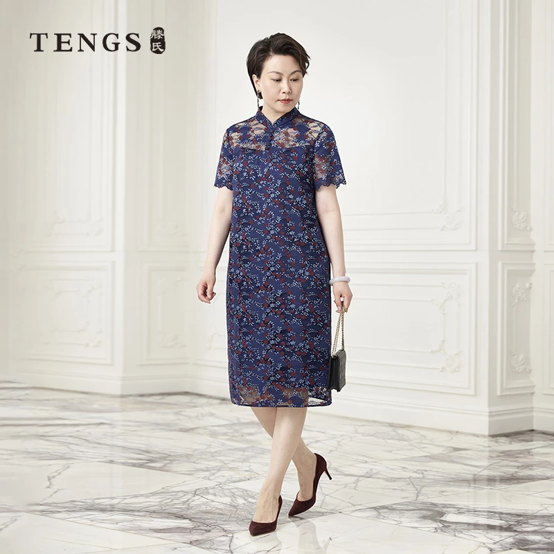 TENGS滕氏夏季新款小立领短袖蕾丝花卉连衣裙