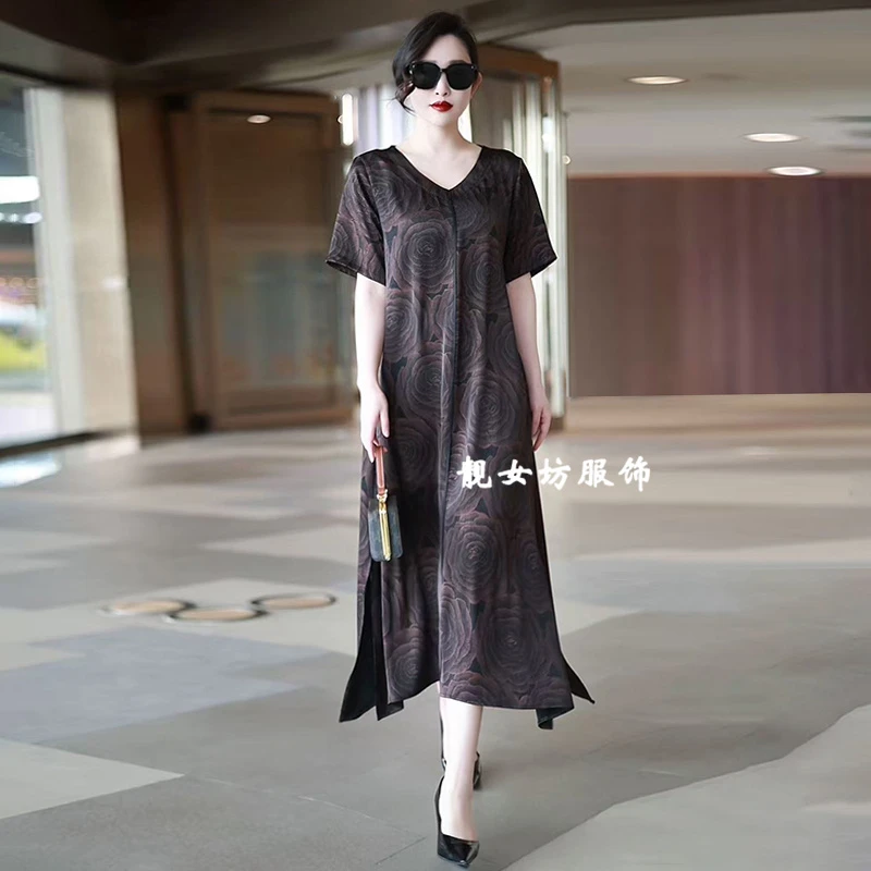 外贸200斤连衣裙夏季新款阔版宽松遮肚显瘦大码中长裙胖妈妈裙子