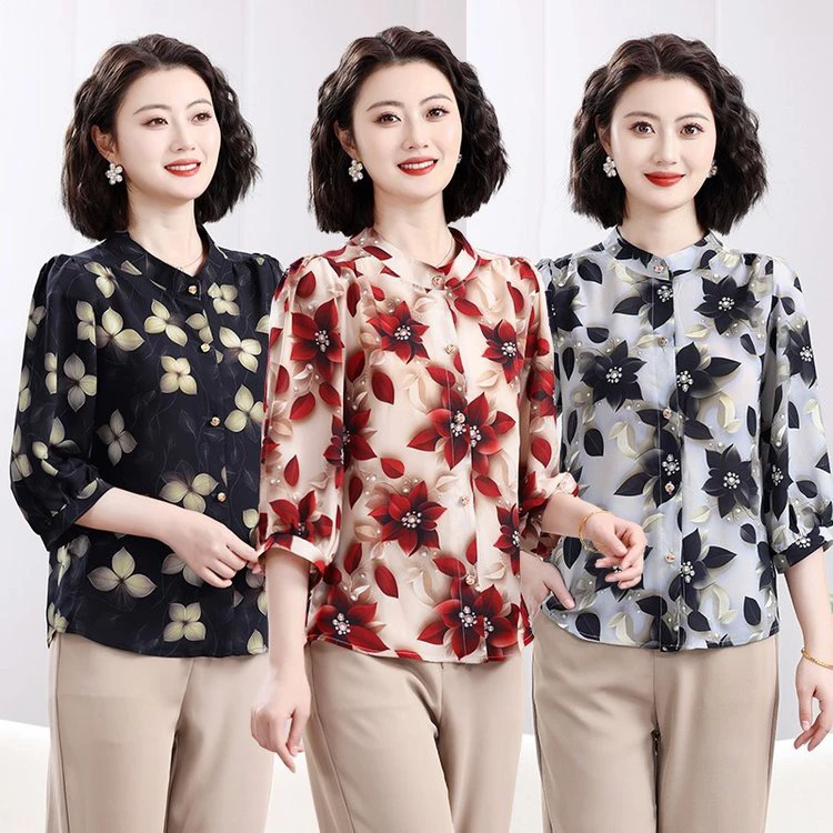 中年女装妈妈夏季洋气雪纺衬衫中袖上衣时尚舒适穿搭