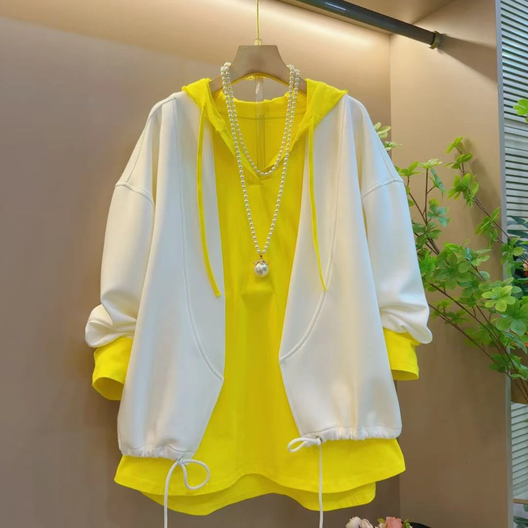 韩版大码新款百搭显瘦连帽上衣减龄可抽绳设计外套两件套（可单拍）