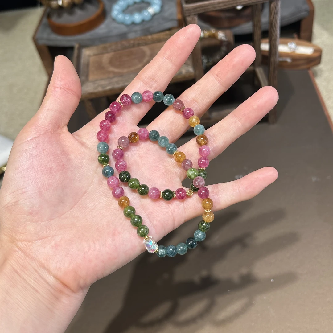 A04【彩碧】天然石老矿彩碧手链多巴胺小众双圈手链