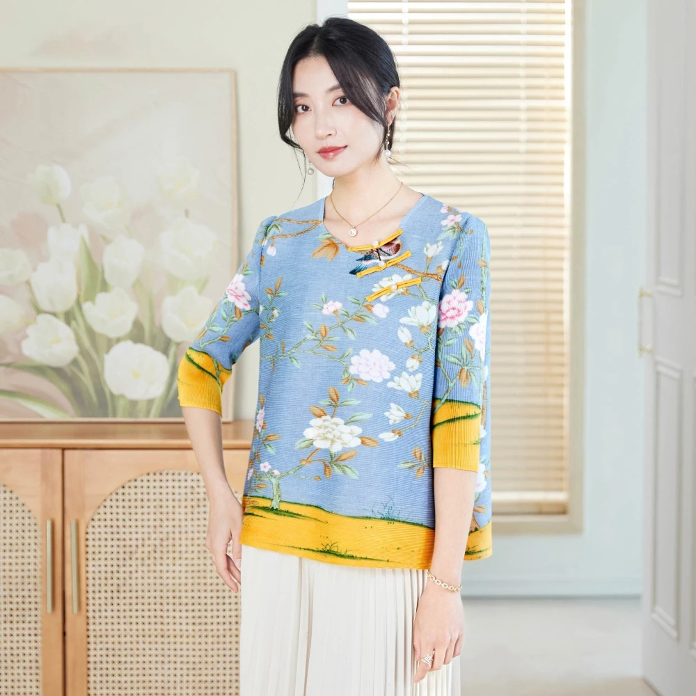 时尚气质新中式复古民族风盘扣上衣女新款减龄印花百搭七分袖T恤