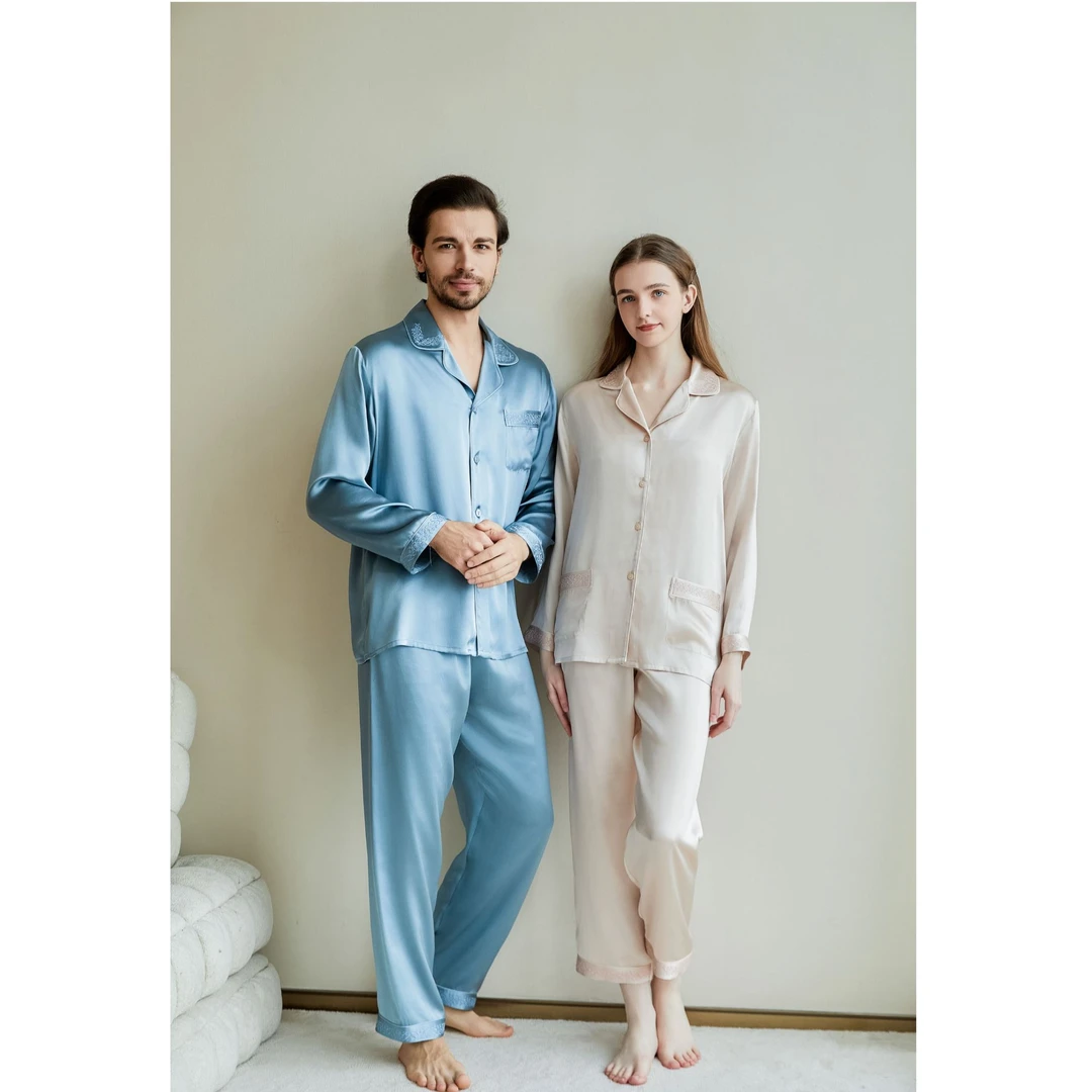轻奢情侣居家真丝睡衣男女长袖两件套装薄款桑蚕丝夏季高级感睡衣