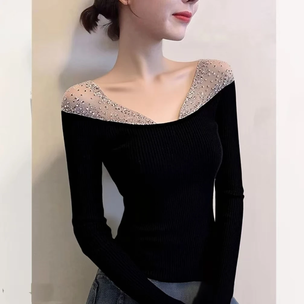 岚岚大码新款胖MM纯欲风辣妹V领烫钻长袖T恤女秋冬打底衫9351