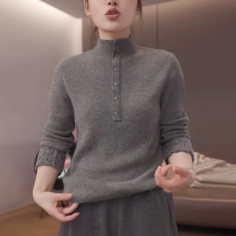 慵懒风灰色半高领毛衣女士高级感宽松显瘦蕾丝钩花打底针织衫上衣