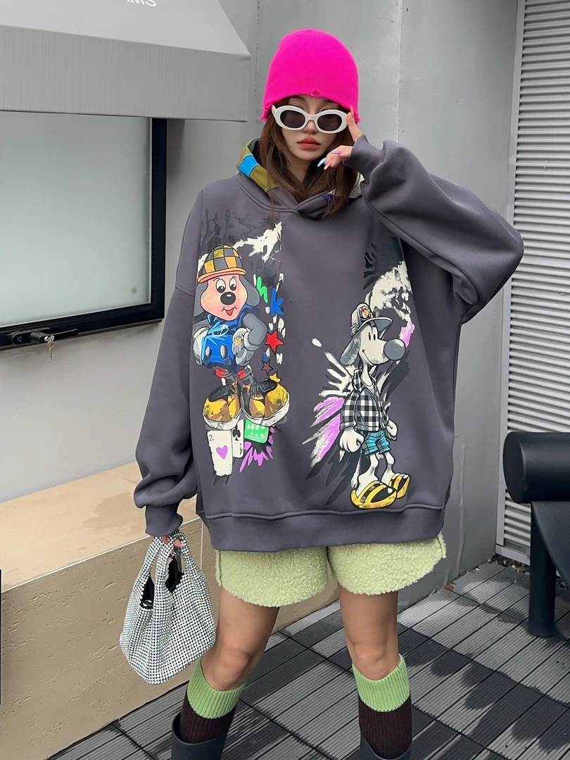 冬季加绒加厚灰色狗狗彩色帽子连帽卫衣