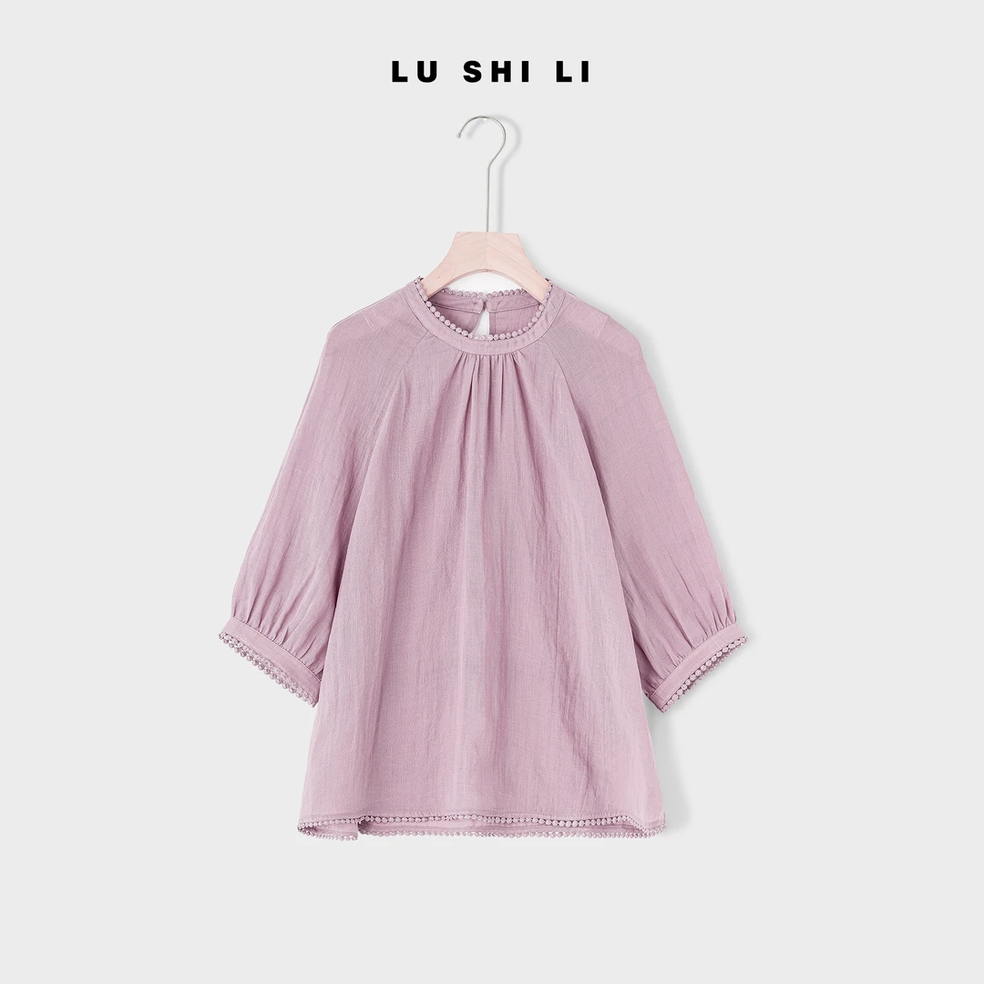 大宁女装 【夏晚晴】春夏新款百分百苎麻蕾丝边圆领衬衫25027