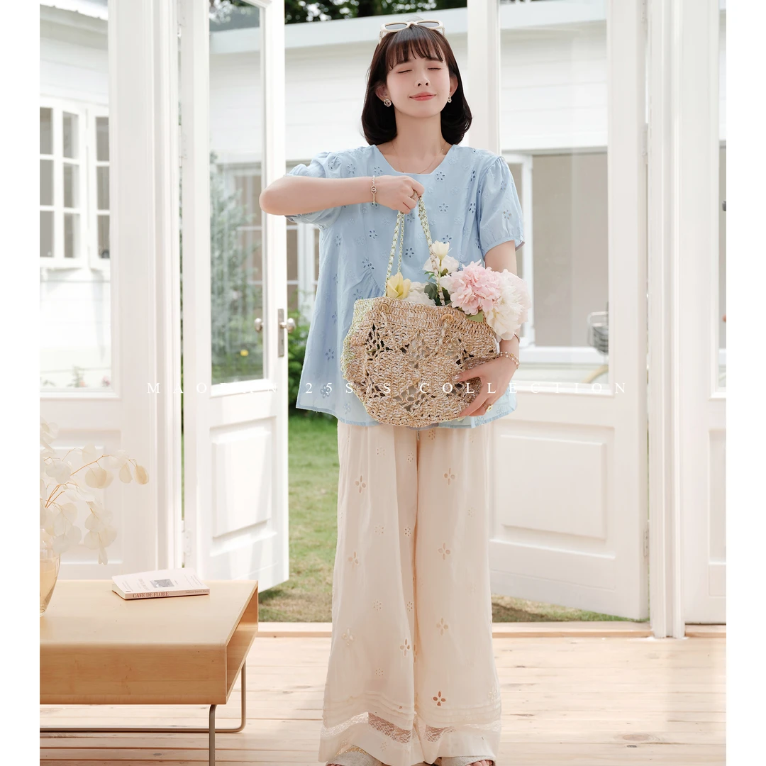 maodan/猫单【夏时钩花】孕妇装2025新款夏季纯棉短袖甜美薄款宽松