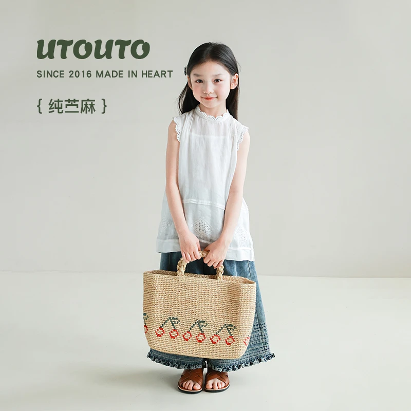 utouto大耳象女童蕾丝镂空小衫2025夏季新款纯苎麻薄上衣2403557