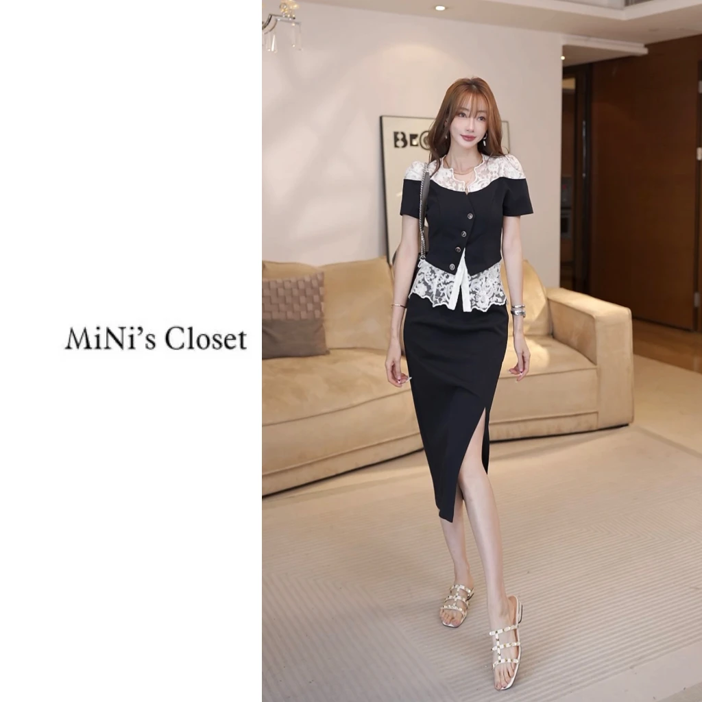 【岛屿末歌】新款高定设计师款立体裁剪蕾丝拼接半身裙两件套JE1143