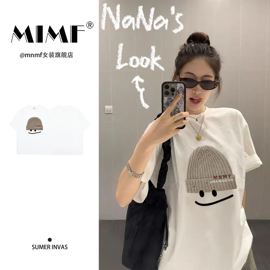 mnmf国潮韩版帽子印花T恤女装时尚休闲装重磅纯棉大码短袖上衣