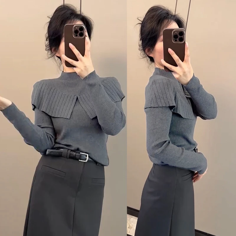 盐系轻熟风假两件针织衫女秋季2025新款时髦弹力修身套头长袖上衣