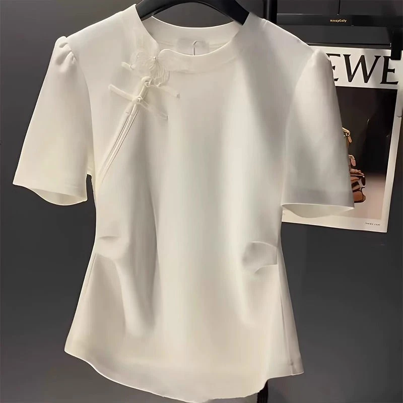 新中式国风盘扣短袖t恤女夏季2025新款白色褶皱修身收腰短款上衣