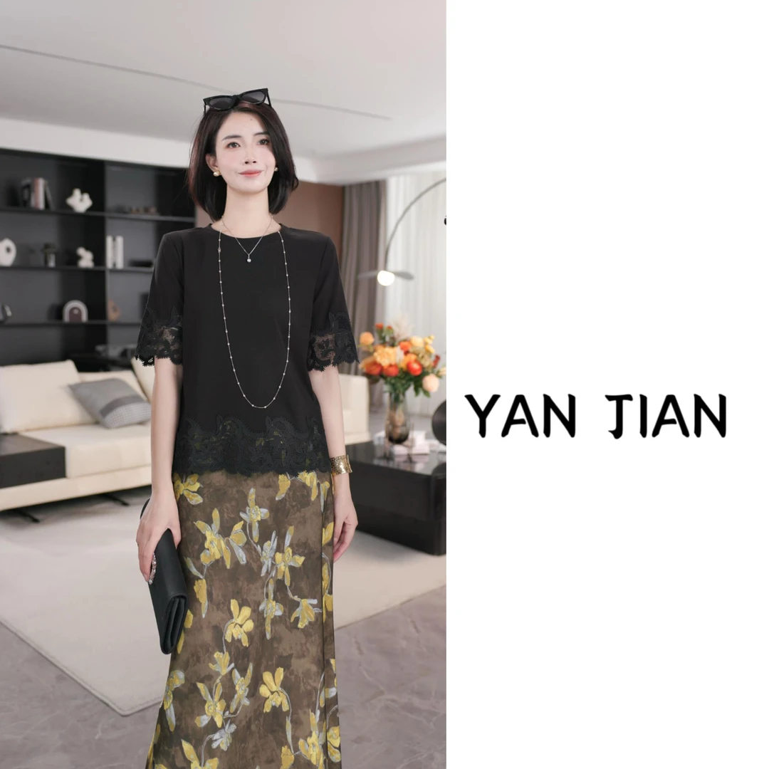 YAN JIAN【蕾丝T】宠粉！刺绣蕾丝重工刺绣5分袖T恤