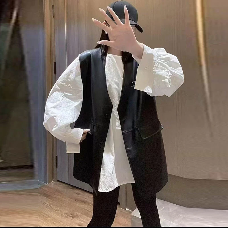 时尚春季新款2025坎肩简约百搭宽松胖妹妹大码女装显瘦皮U马甲