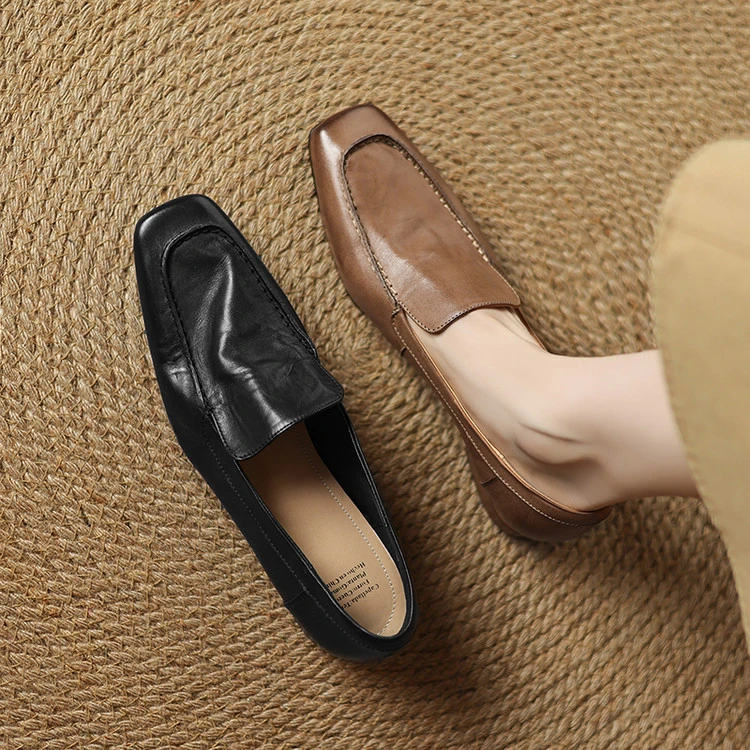 头层牛皮2.5cm～方头复古百搭乐福鞋舒适一脚蹬软底女浅口单鞋粗跟