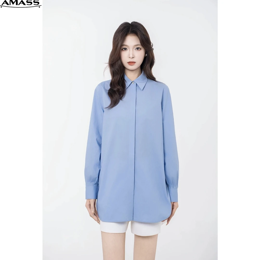 AMASS/阿玛施早秋新款纯色休闲翻领极简风宽松衬衫上衣女 5300701