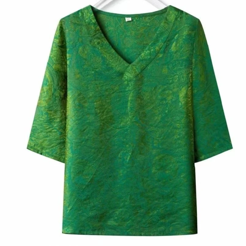 7680桑蚕丝浮光锦时尚洋气短袖衬衫