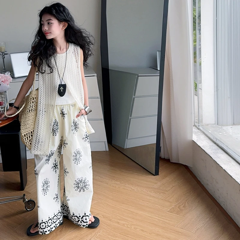 女童韩系套装夏季薄款2025新款女孩大童镂空无袖背心三件套夏装潮