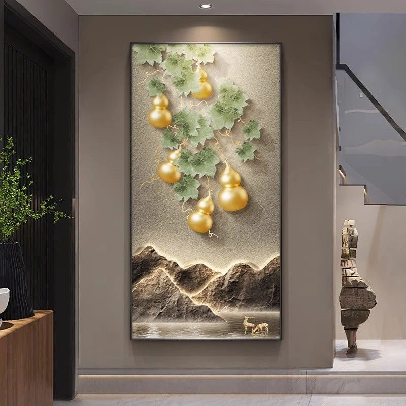 五福临门玄关装饰画新中式入户正对门墙壁挂画葫芦大气走廊过道画