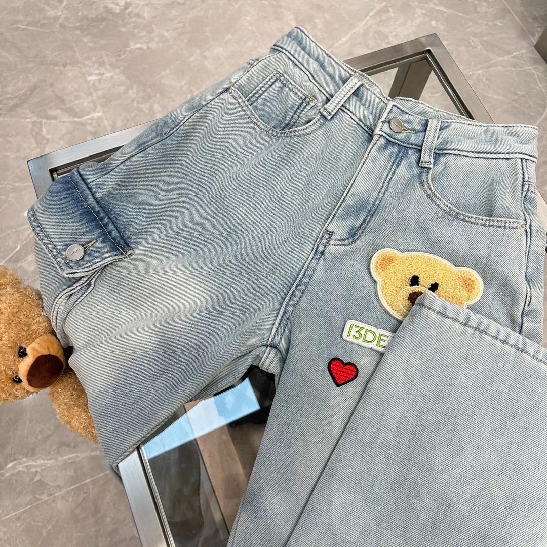 【YU·PP】（100）小众男女同款贴片印花大熊直通阔脱牛仔裤（P0093）