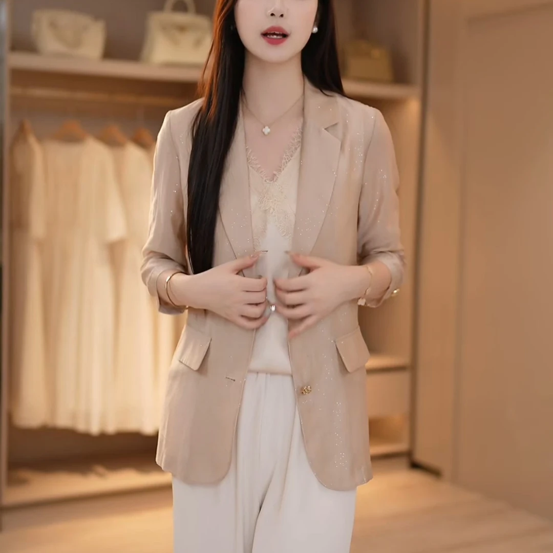 【自由呼吸】高奢天丝闪闪撒银夏季薄款防晒西装外套女休闲宽松上衣