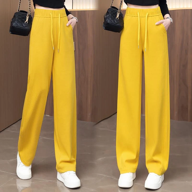 黄色香蕉阔腿裤女2025春秋季新款高腰抽绳宽松休闲直筒运动卫裤子