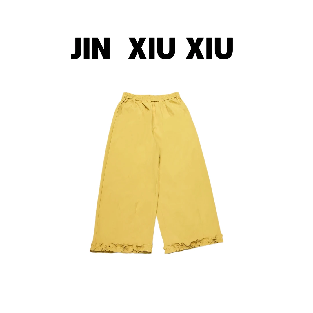 JINXIUXIU夏季新款纯色松紧腰木耳边直筒韩系甜美休闲裤328
