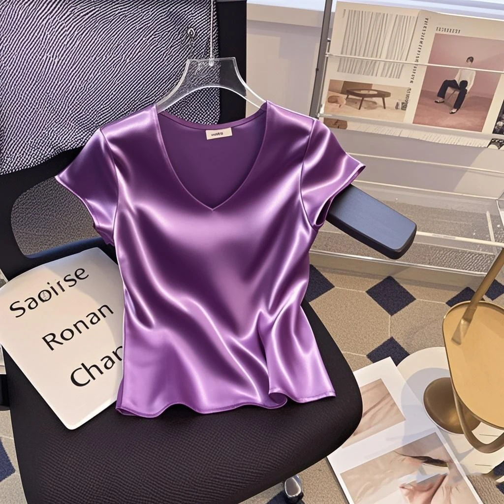 2025年夏季新款欧货时尚洋气女装轻奢百搭气质短袖上衣v领漂亮T恤