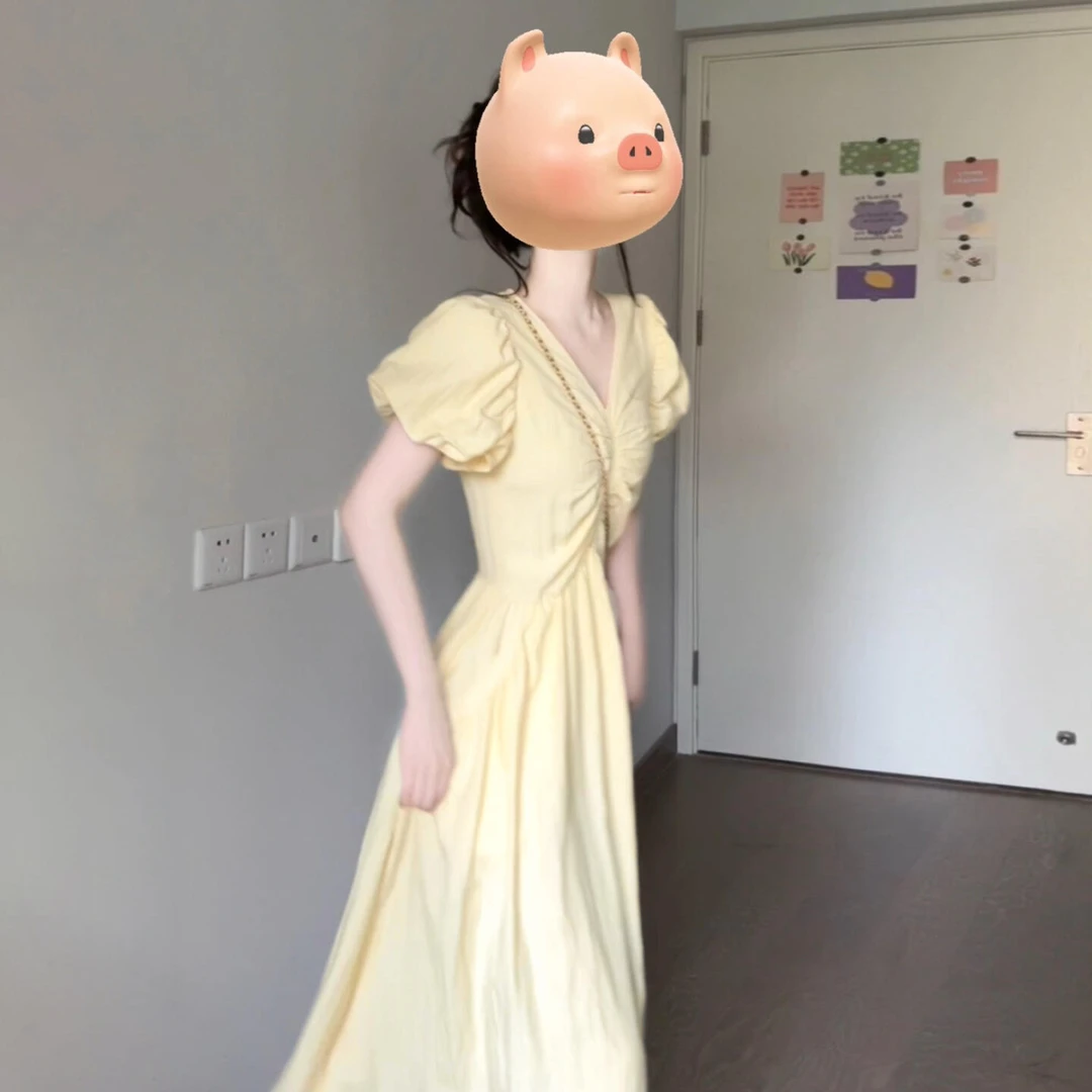 2025新款黄色巨好看的掐腰连衣裙子夏季女小个子漂亮绝美长裙5164