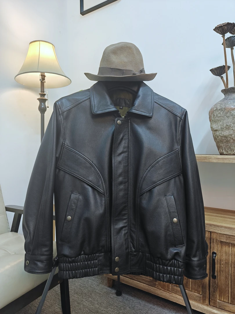 90年代复古港风男女皮夹克 阔版宽松真皮外套 软薄牛皮老爹款皮衣