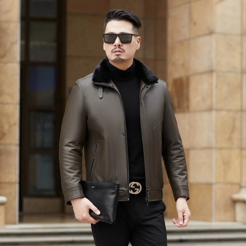 【海宁】男士立翻领加绒加厚真皮休闲商务百搭高档皮衣外套