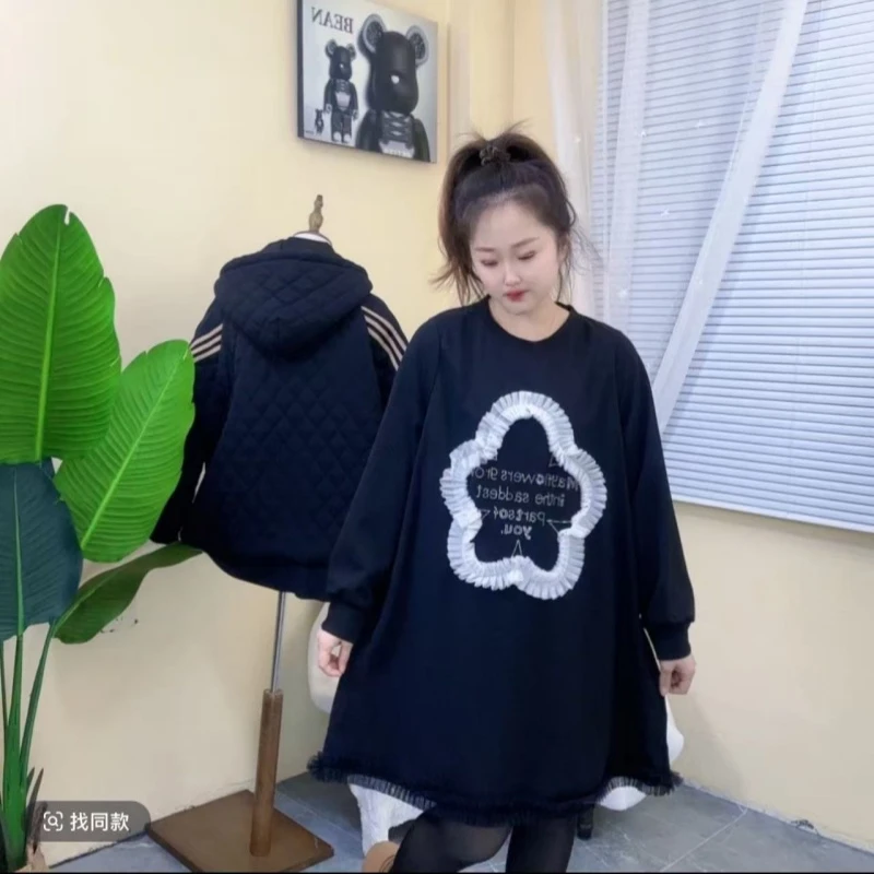 菲菲边大衫9589长袖时尚时尚百搭宽松休闲圆领饕餮大码女装