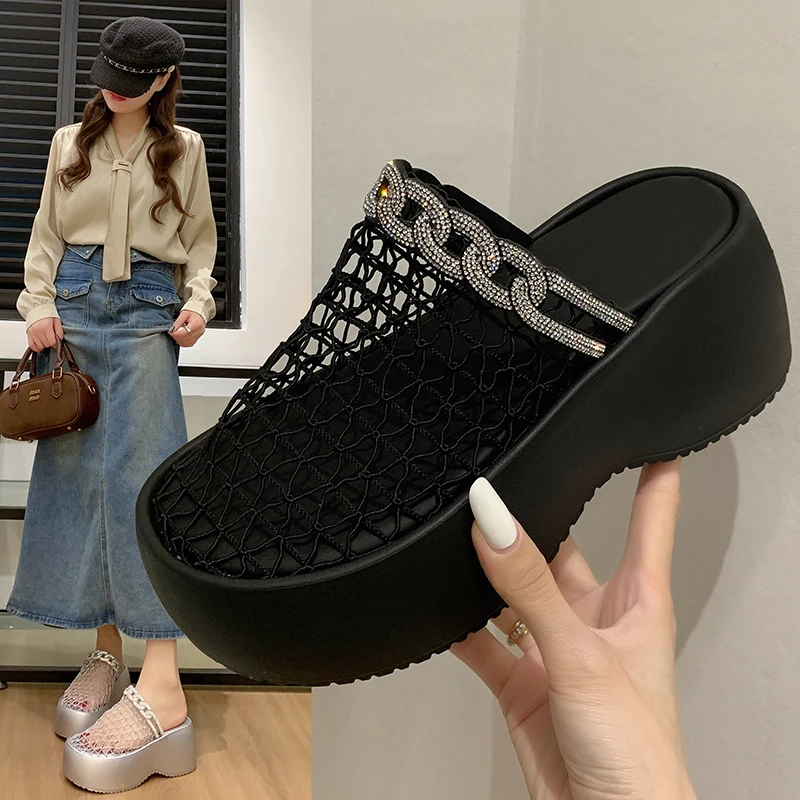 包头镂空网面半拖女鞋2025年夏季新款时尚气质花边拖鞋女鞋外穿