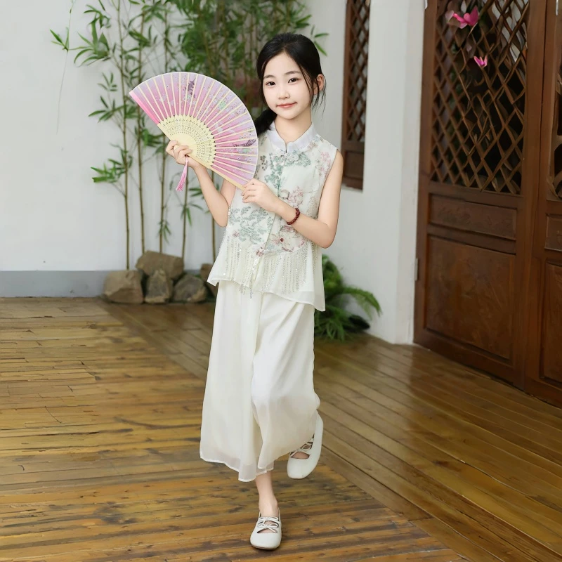 女童夏季国风新中式套装裙裤版旗袍领水晶亮片流苏山水画刺绣版面