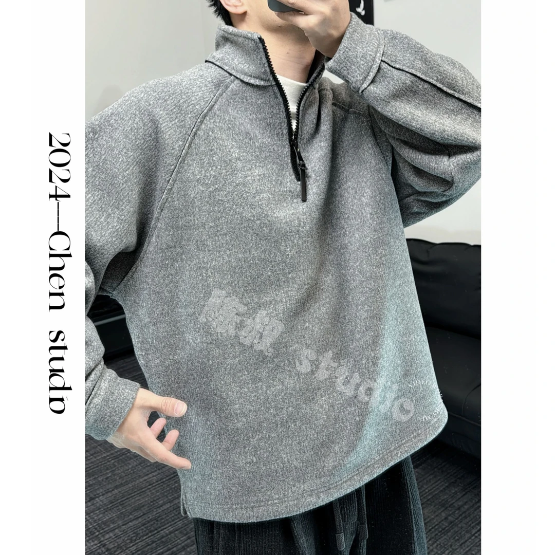 「陈叔」【糯米绒私订】冬季加绒保暖宽松拉链立领套头百搭卫衣66235