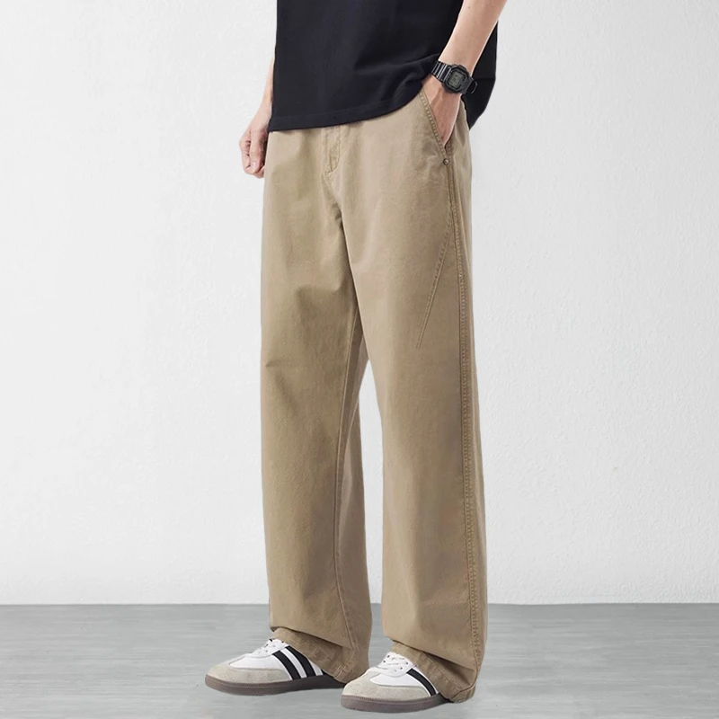 美式简约纯色休闲裤男士宽松阔腿裤百搭长裤春秋纯棉直筒裤子男裤