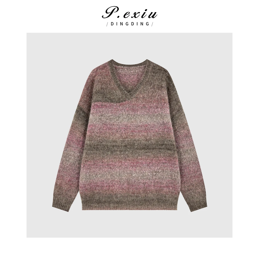 PanYiXiu/潘依绣高级感彩色渐变撞色软糯V领针织毛衣Q24891