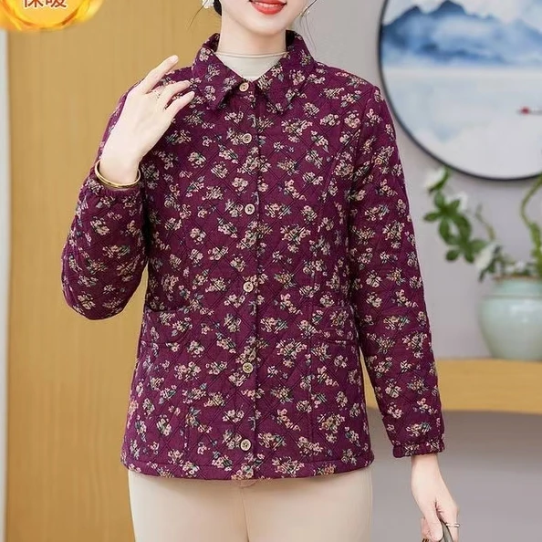 客806正版秋冬新款妈妈老年人轻薄翻领碎花减龄加棉衬衫时尚洋气