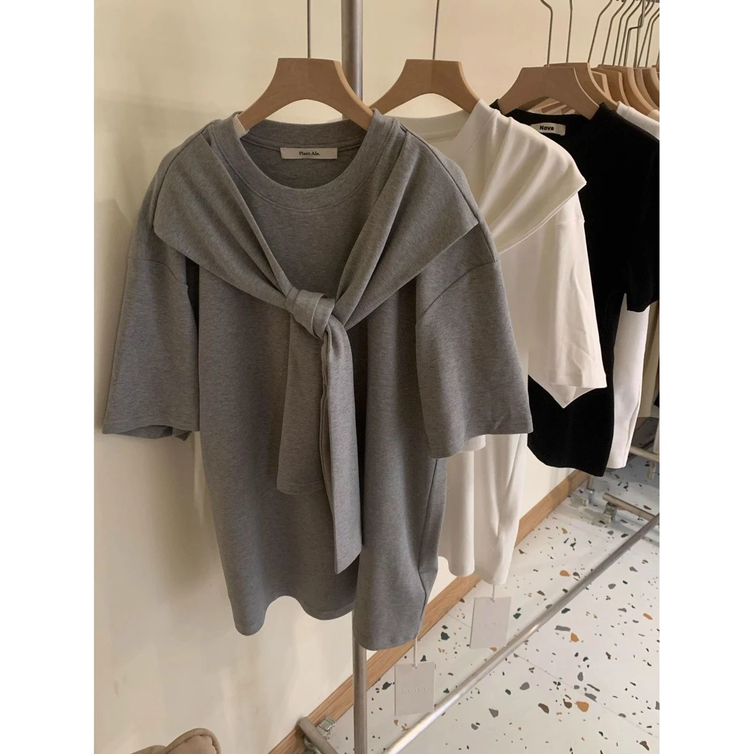 纯棉灰色披肩假两件短袖t恤女夏拼接小众减龄宽松显瘦中长款上衣