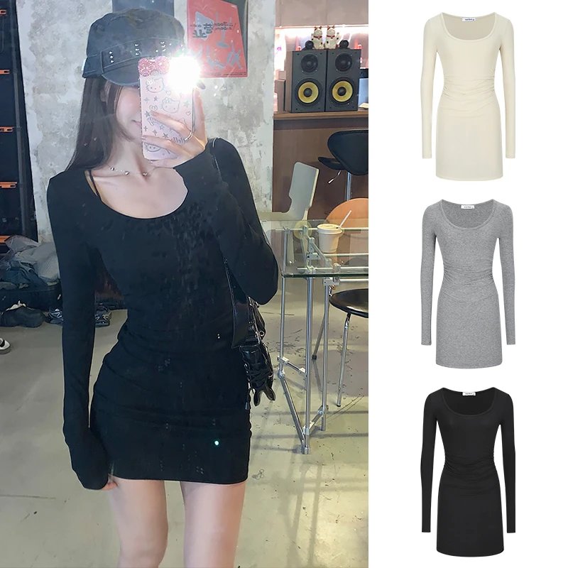 Moses Queen/魔西女王大U领辣妹连衣裙开春长袖打底收腰包臀裙