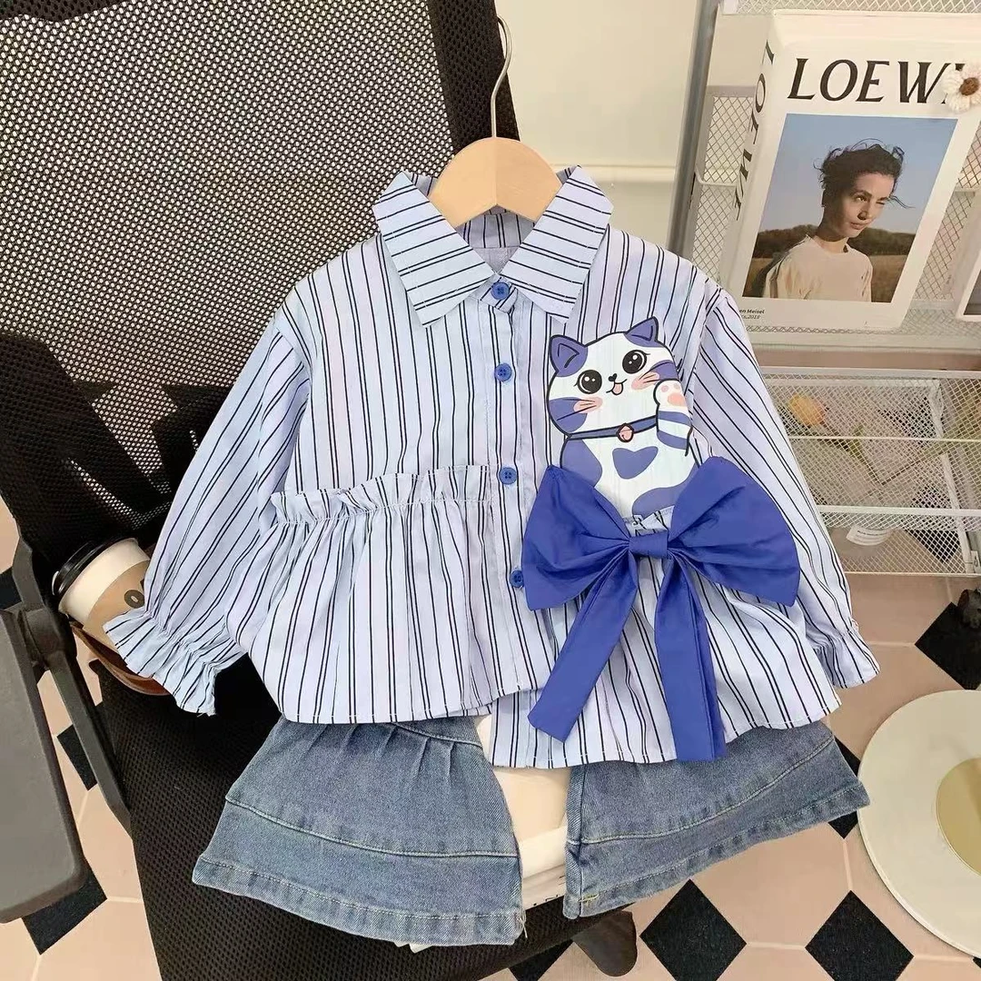 【现货】女童春秋衬衫2025春秋款洋气学院风长袖小猫蝴蝶结休闲套装