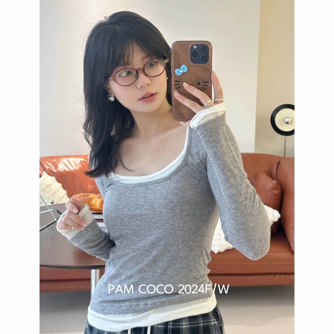 Pam Coco【秋日私藏】2024新款上新韩版T恤上衣U领设计显修身设计