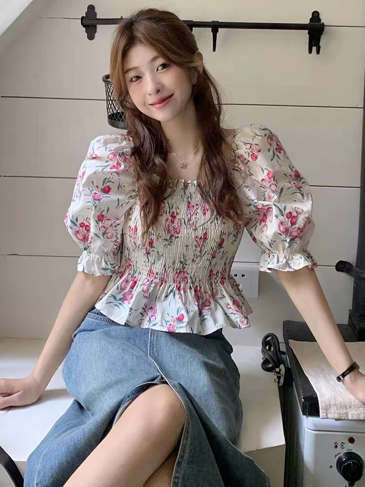 617方领泡泡袖碎花衬衫气质夏季百搭上衣女